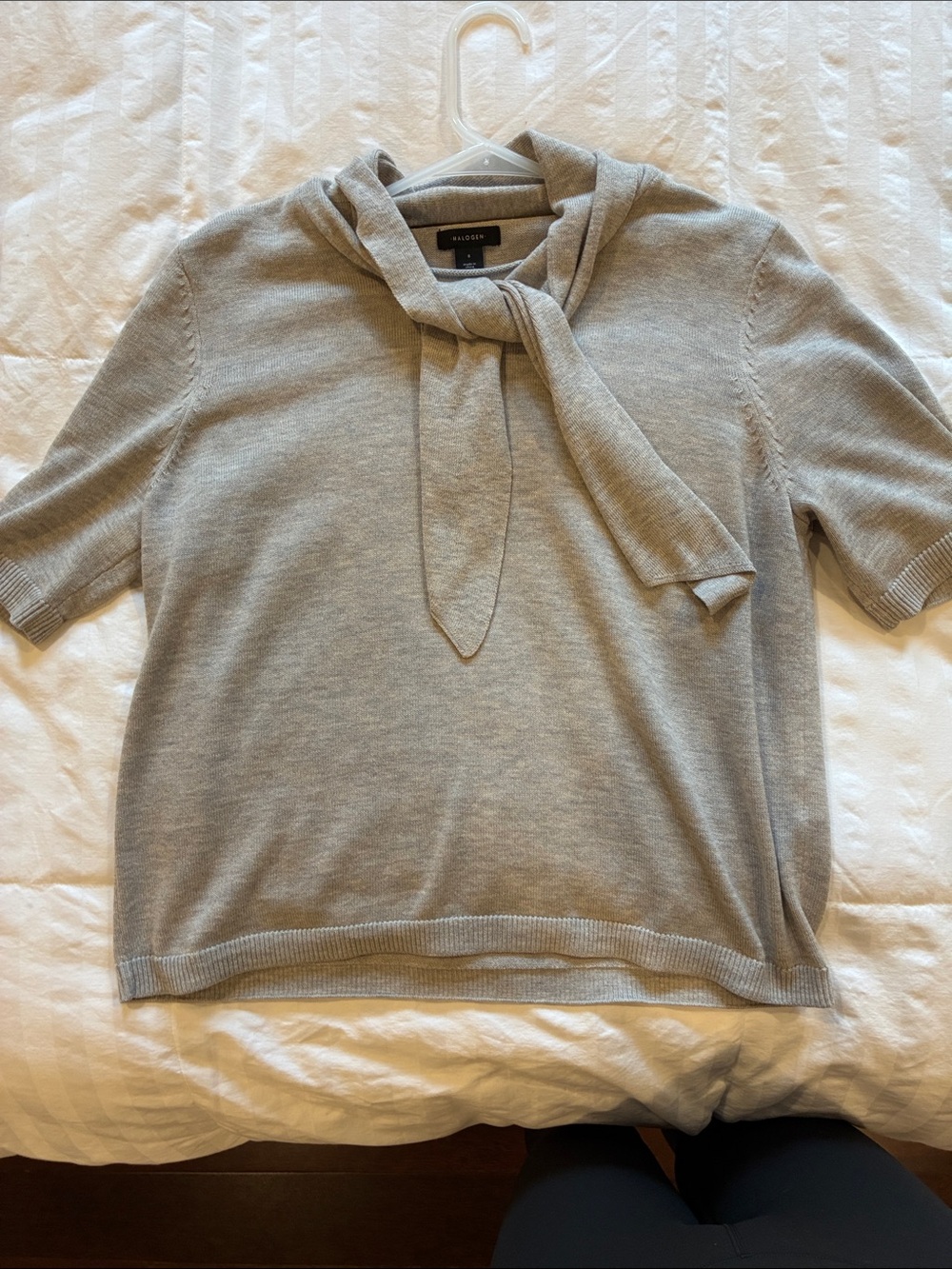 Halogen Light Gray Tie-Neck Short Sleeve Sweater